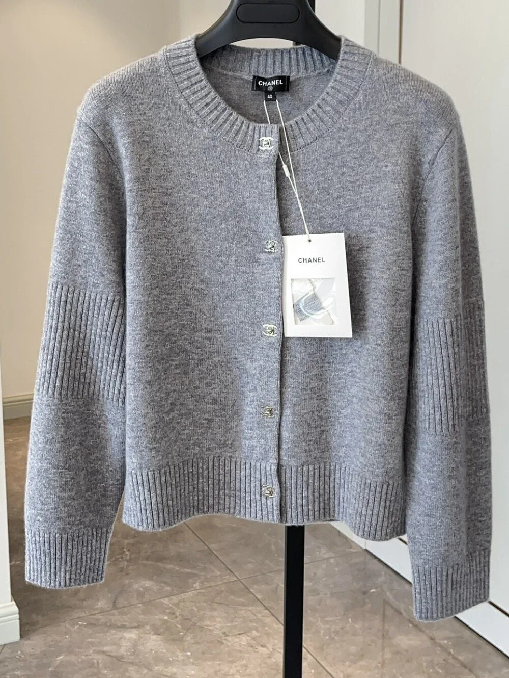 CHANEL Gray Cashmere Crewneck Cardigan